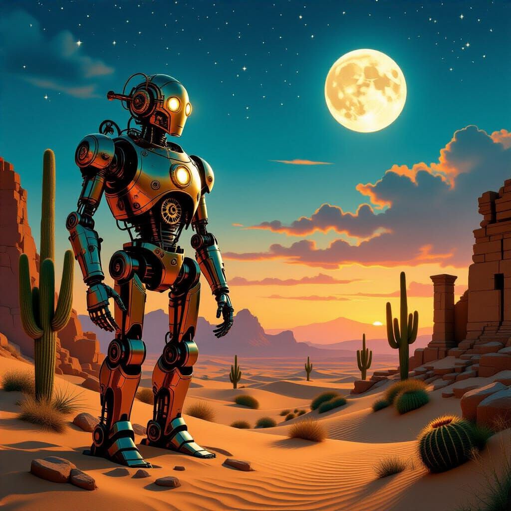 Steampunk Automaton Guarding Desert Oasis at Twilight