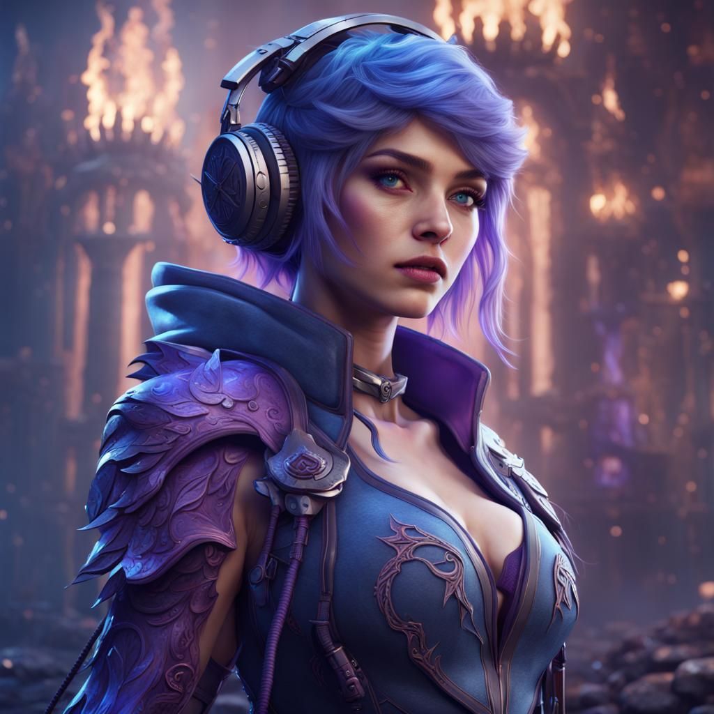 Blue and Purple Gamer Girl in Detailed Matte Painting
