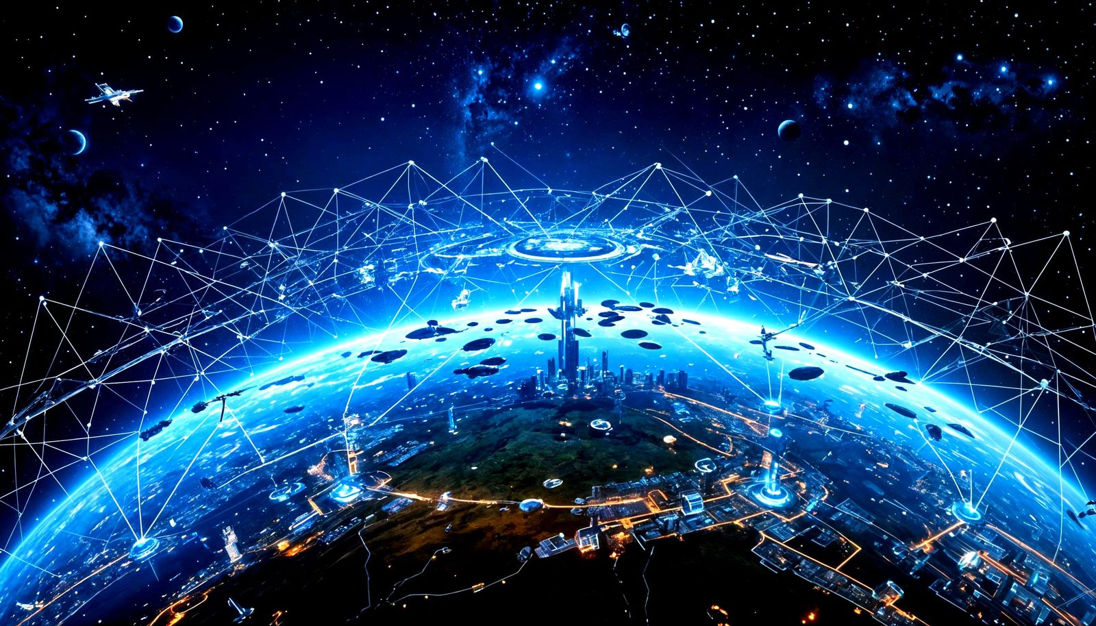 Futuristic Cityscape with AI and Flying Vehicles