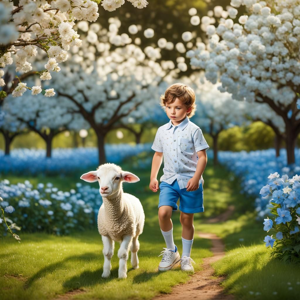 Boy and Lamb in Spring Meadow: Hyper-Realistic Photo