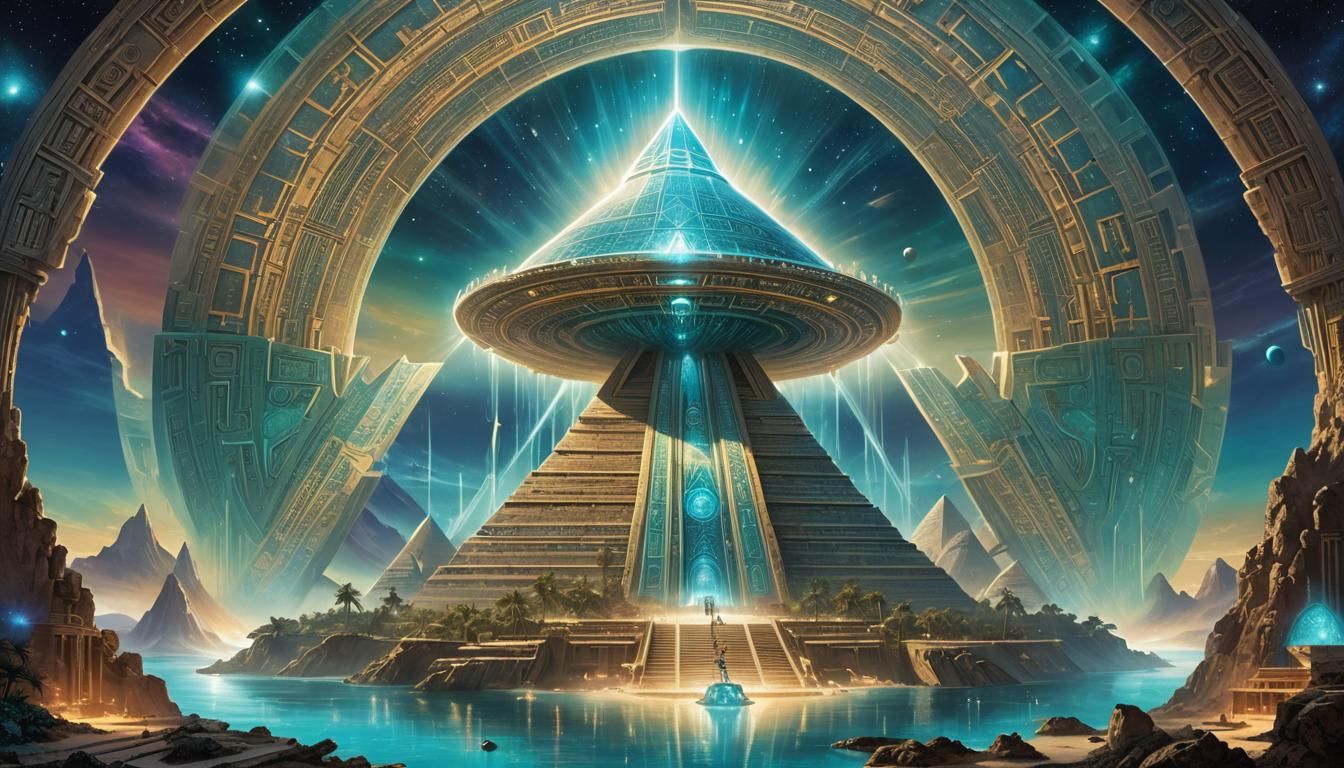 Mothership Descends Over Temple Pyramid in Surreal Style