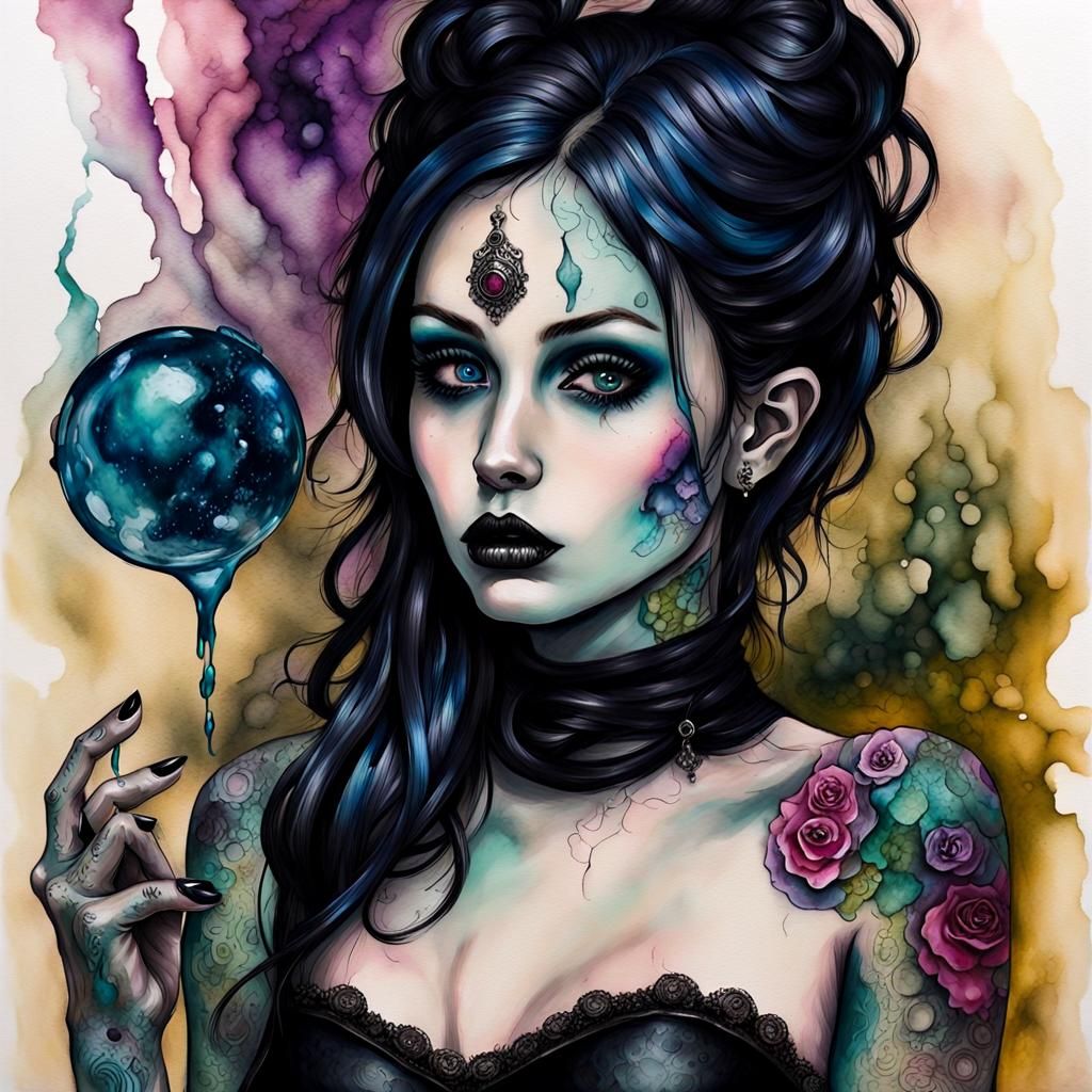 Gothic Tattooed Pin-Up in Alcohol Ink and Oil Paint