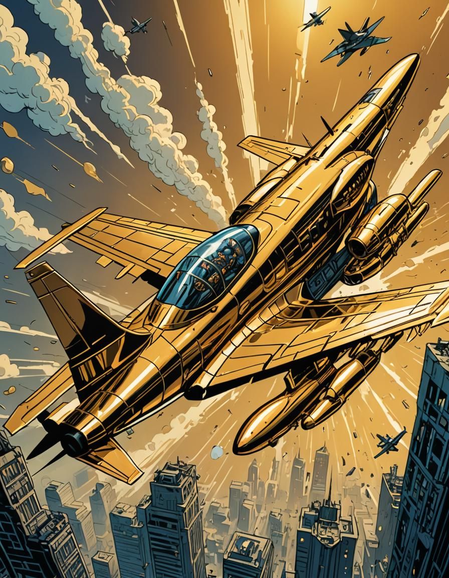 Gold Jet Plane in Comic Book Art Style