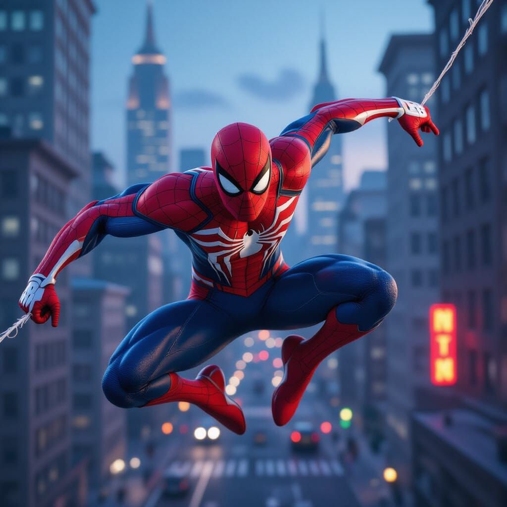 Spider-Man Leaps Through Neon Cityscape At Dusk