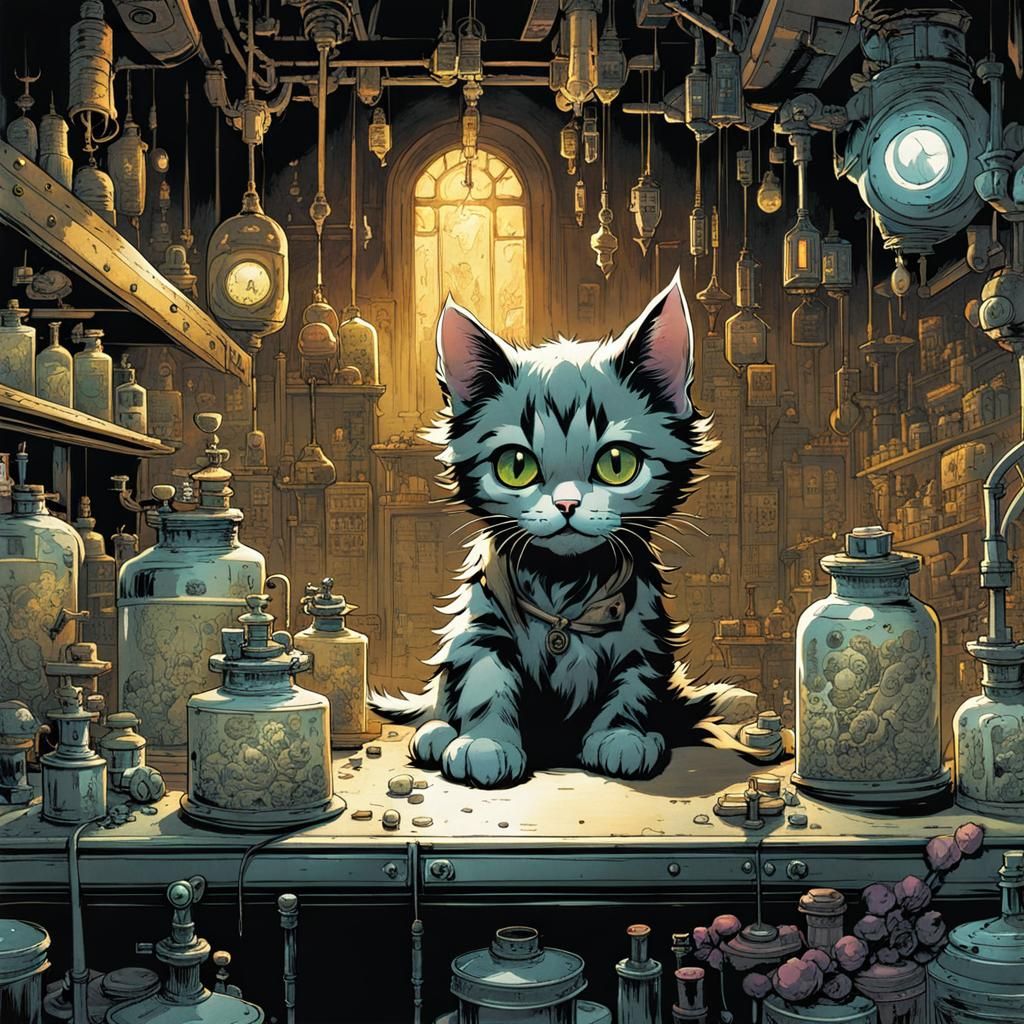 Fantasy Frankenstein Kitten in Laboratory, Splash Art