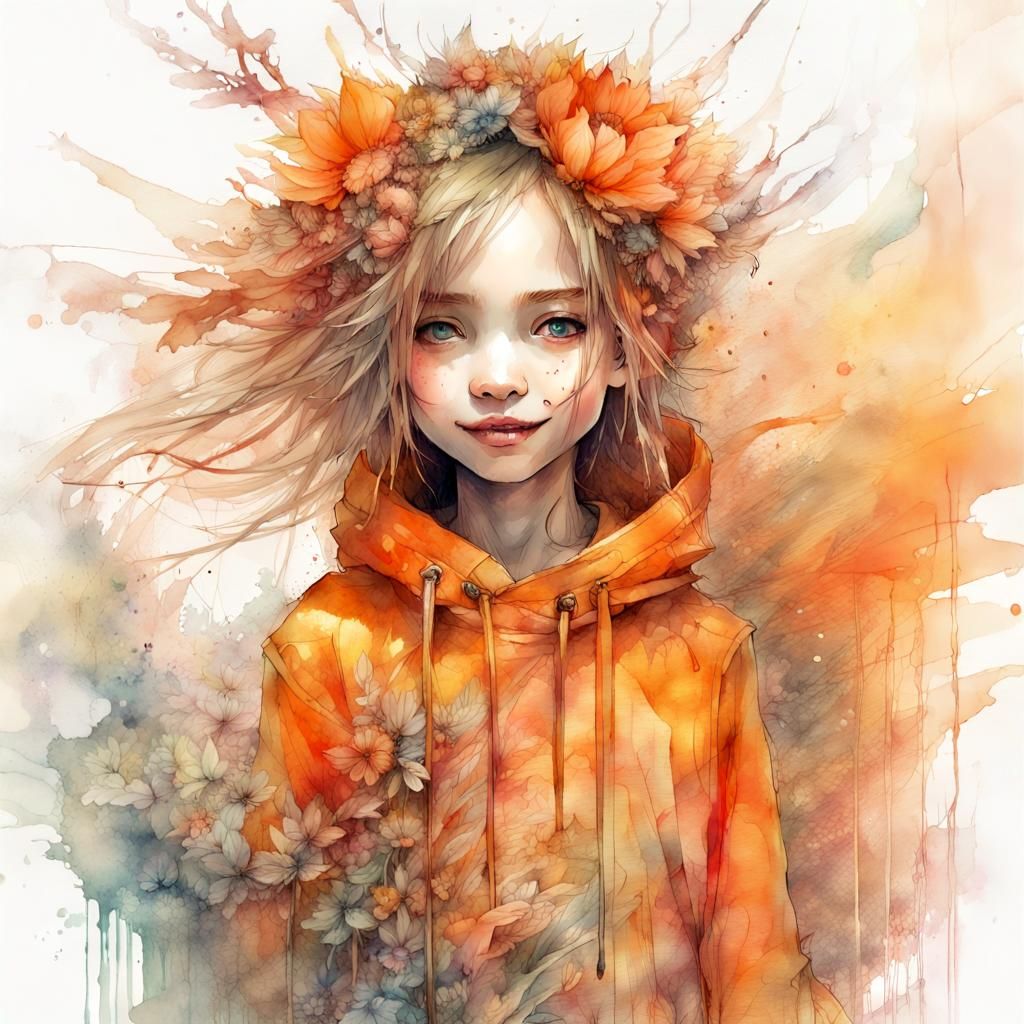 Happy Orange in Watercolor Fantasy Landscape