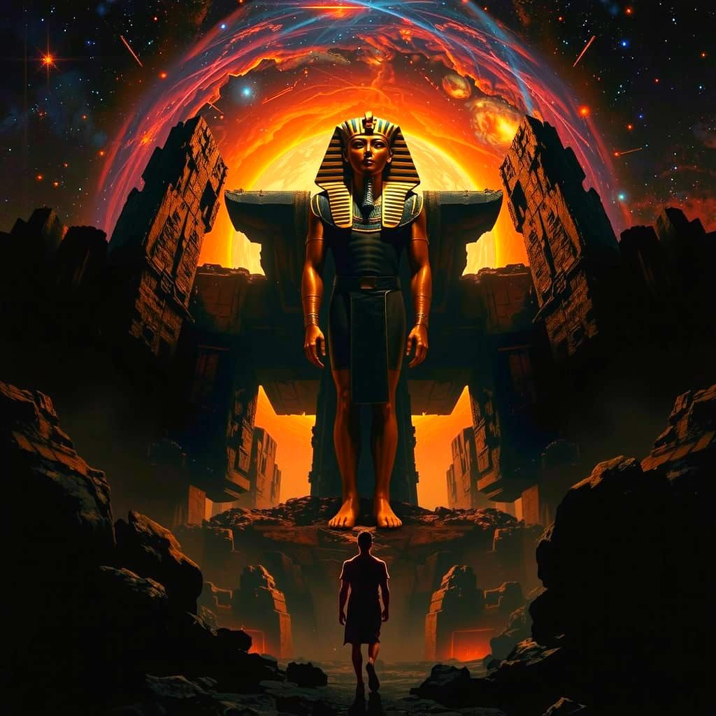 Ancient Desert Under Cosmic Nebula Sky