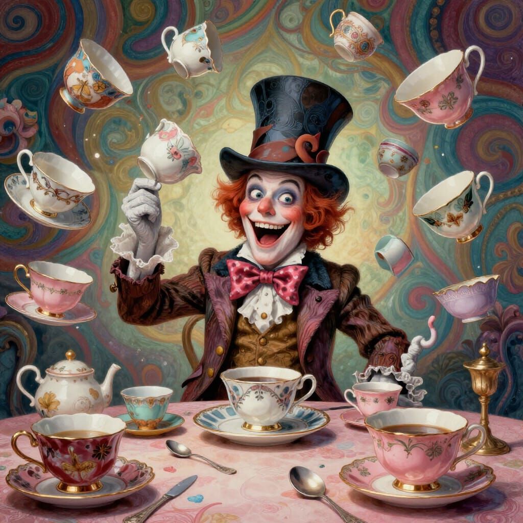 Mad Hatter Laughing Amidst Whimsical Teacups