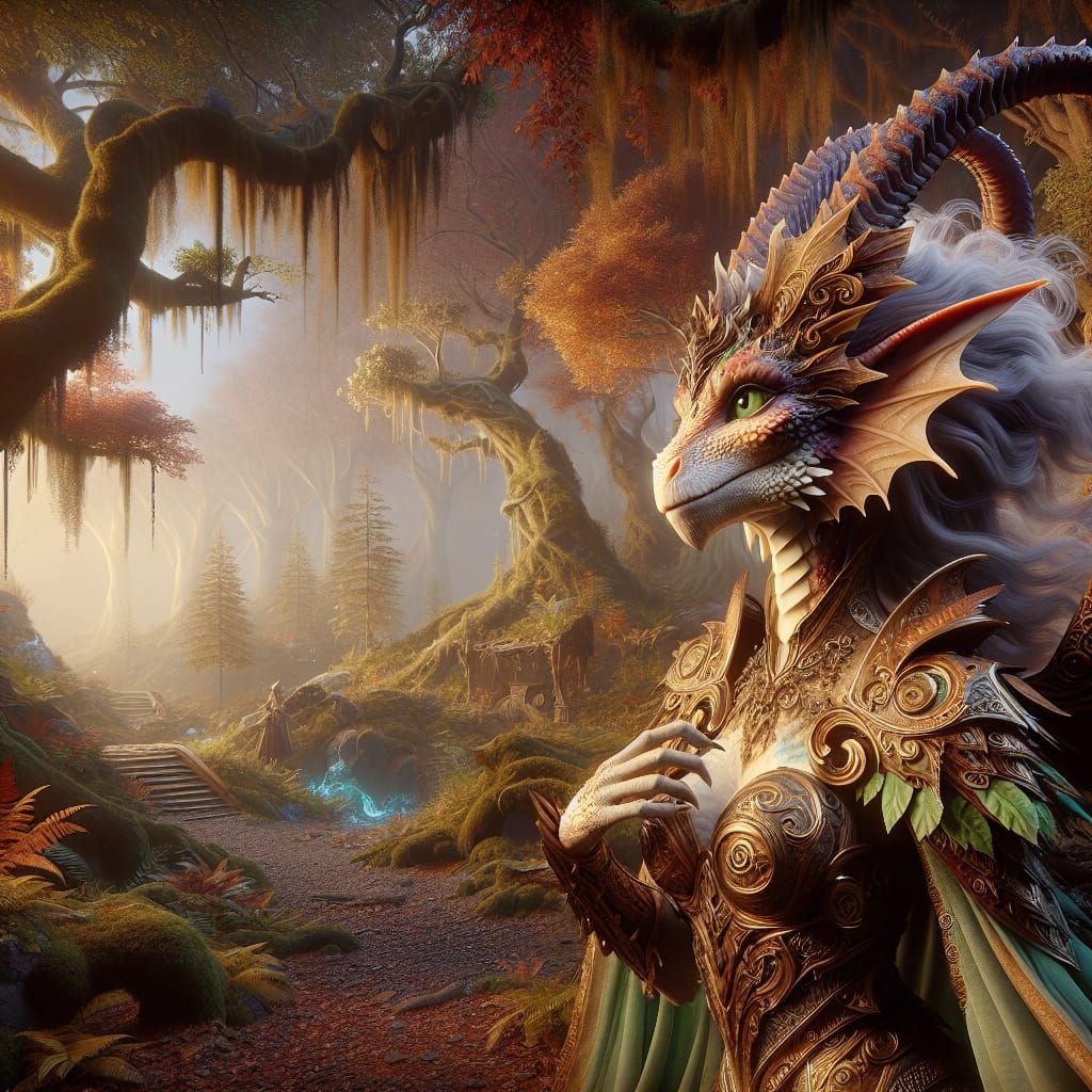 Dragon-Elf Hybrid in Mystical Forest: Fantasy Art