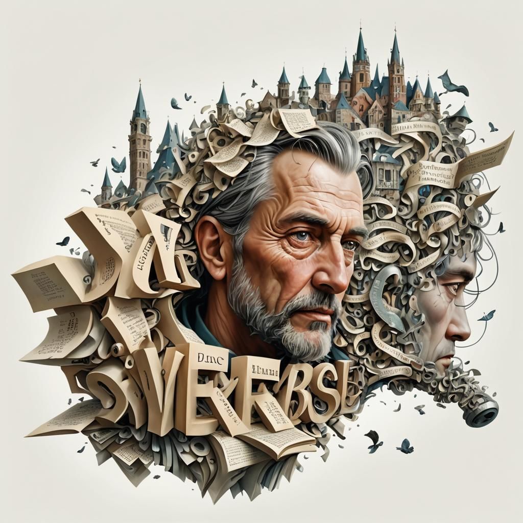 Hyperrealistic Fantasy Writer Surrounded by Floating Figures