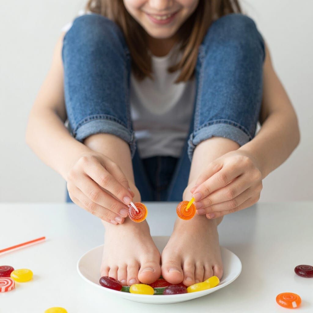 Smiling Girl With Candies Between Toes on Table