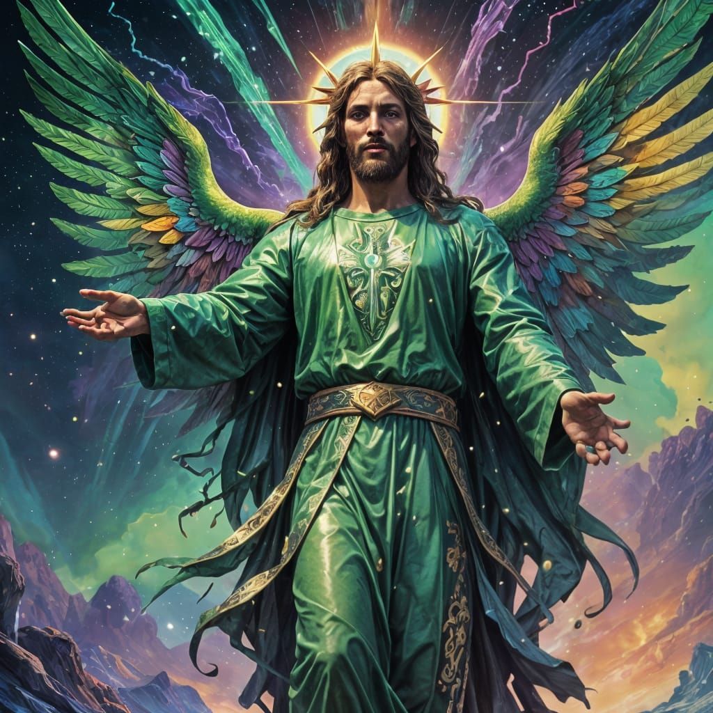Emerald Figure with Rainbow Wings in Detailed Painting