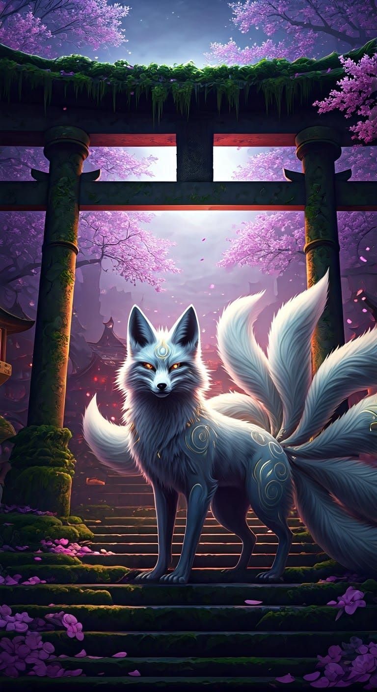 Nine-Tailed Fox at Shrine in Art Nouveau Style