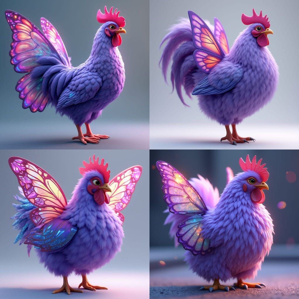 A Fluffy Anime Chicken with Vibrant Butterfly Wings