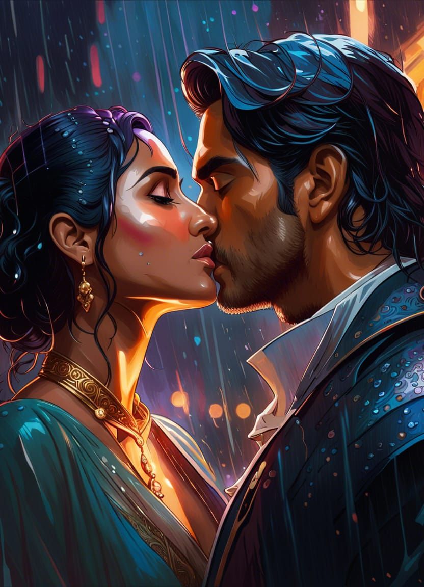 Romantic Bollywood Kiss in Hyperdetailed Portrait