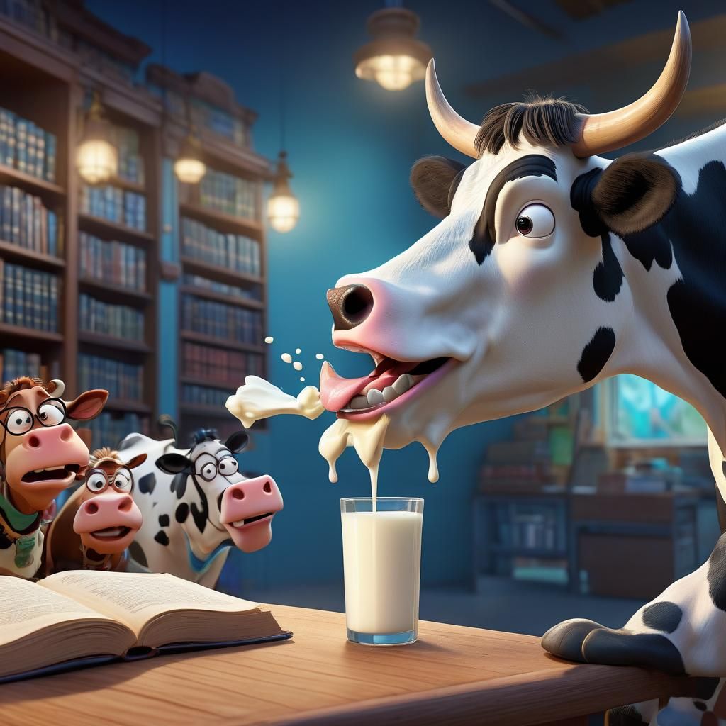 Cow Milking Librarian: Whimsical 3D Digital Art