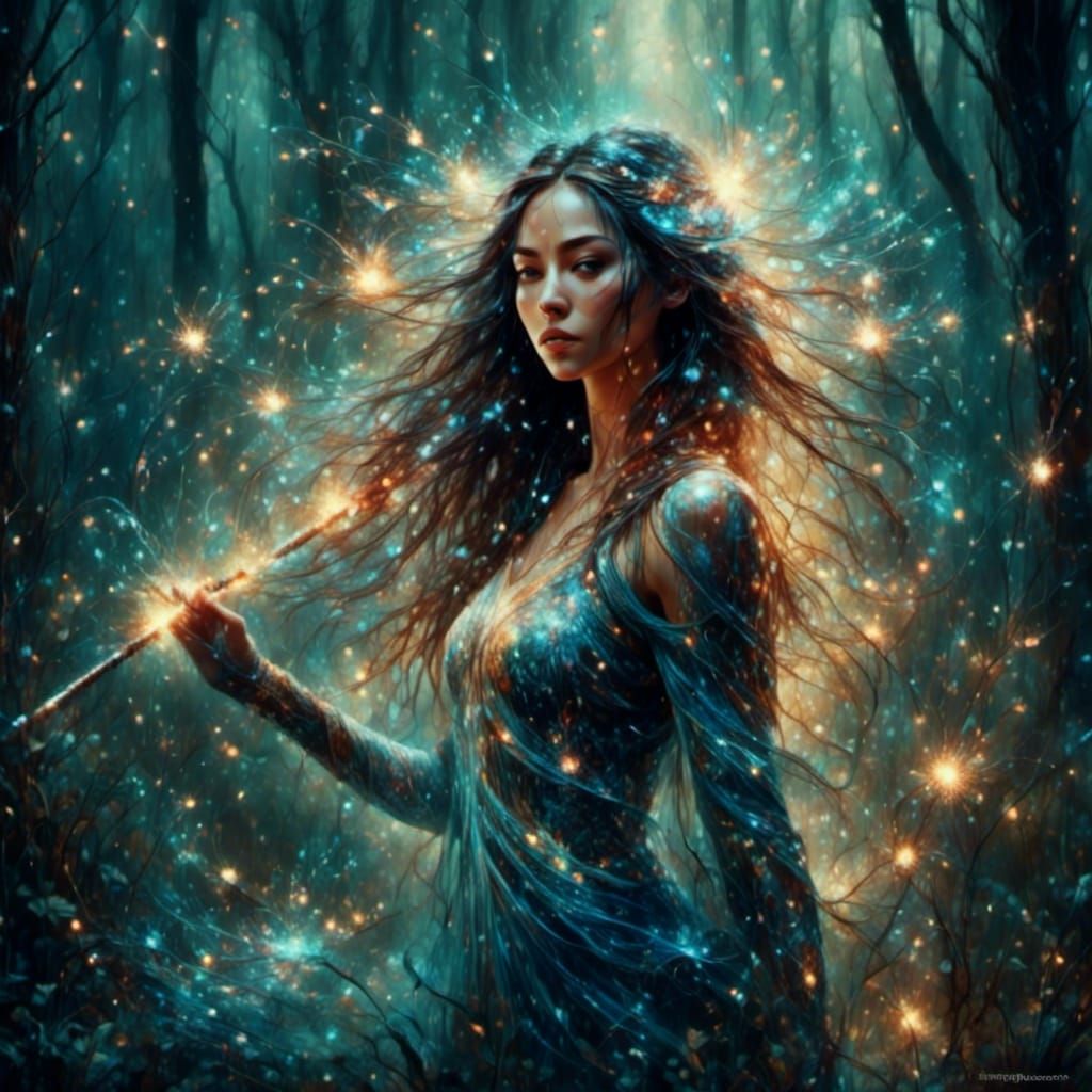 Enchantress in Magical Woods with Glowing Staff
