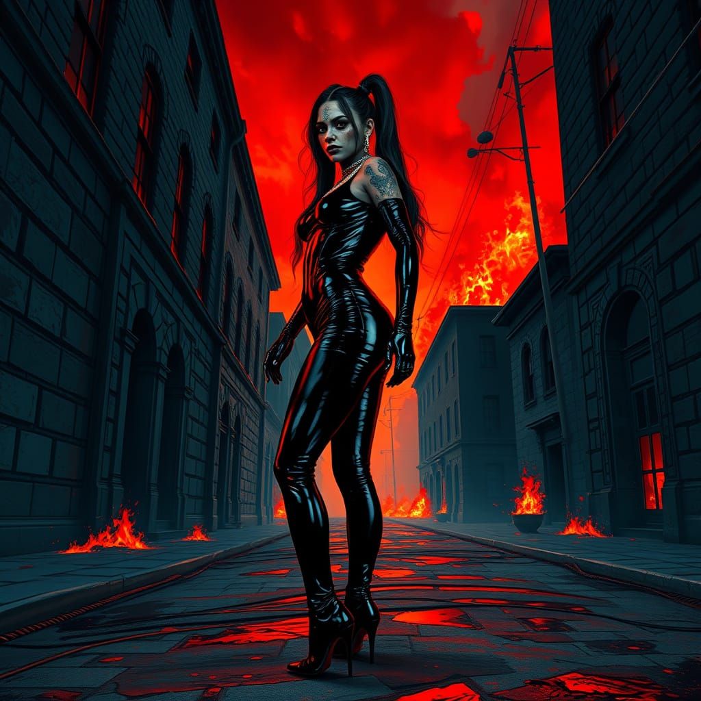 Cyberpunk Domme in Flames, Inspired by Hyperrealistic Art