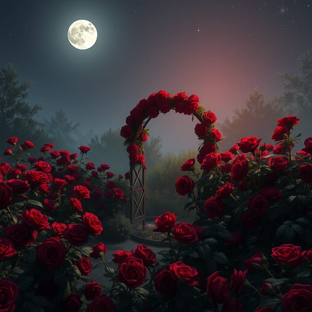 Moonlit Rose Garden in a Cyberpunk Aesthetic