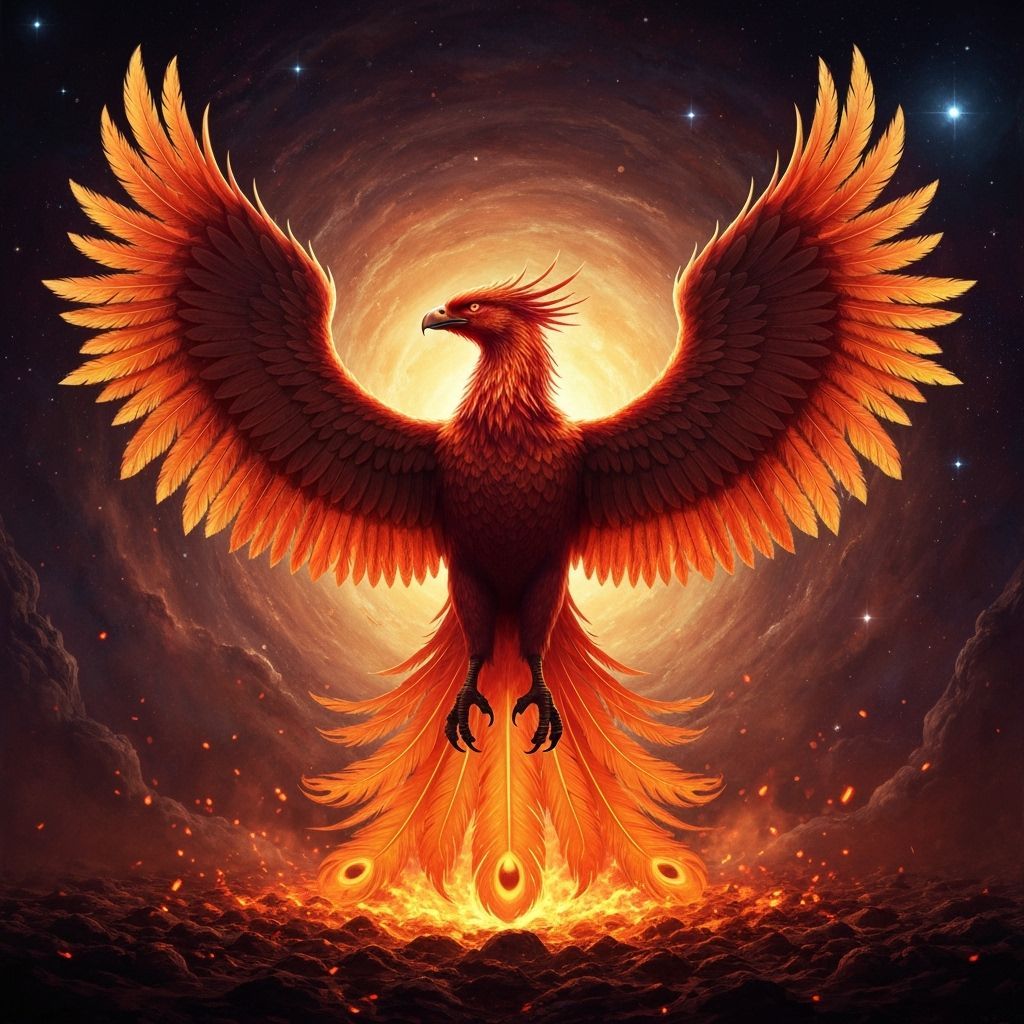 Majestic Phoenix Rises from Cosmic Embers in Painterly Style