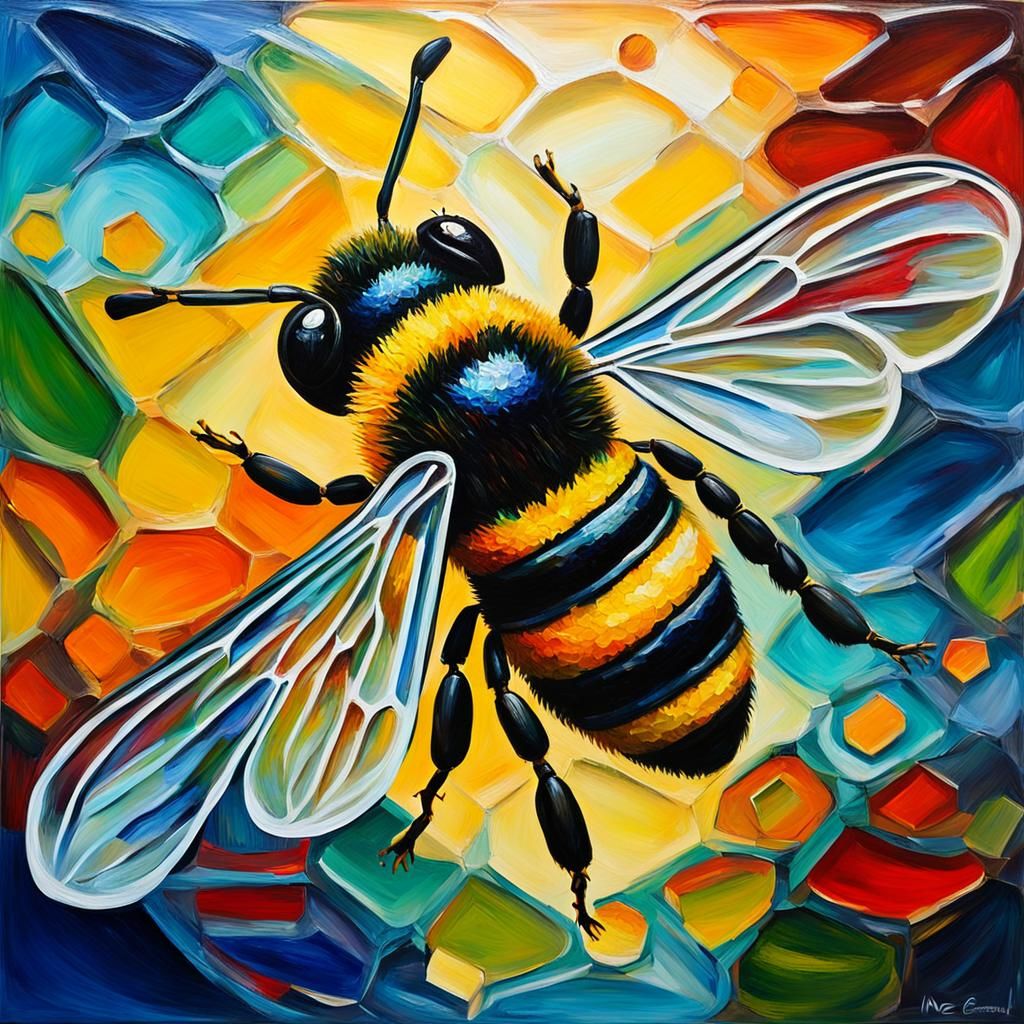 Bee in Colorful Glass Maze: Expressionist Oil Painting