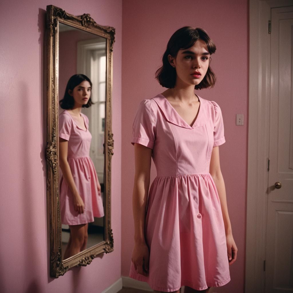 Boy's Surprised Reflection in Pink Dress, Cinematic Style