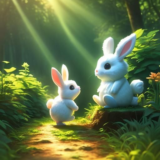 Bunny Finds Magical Garden in Forest Sunlight