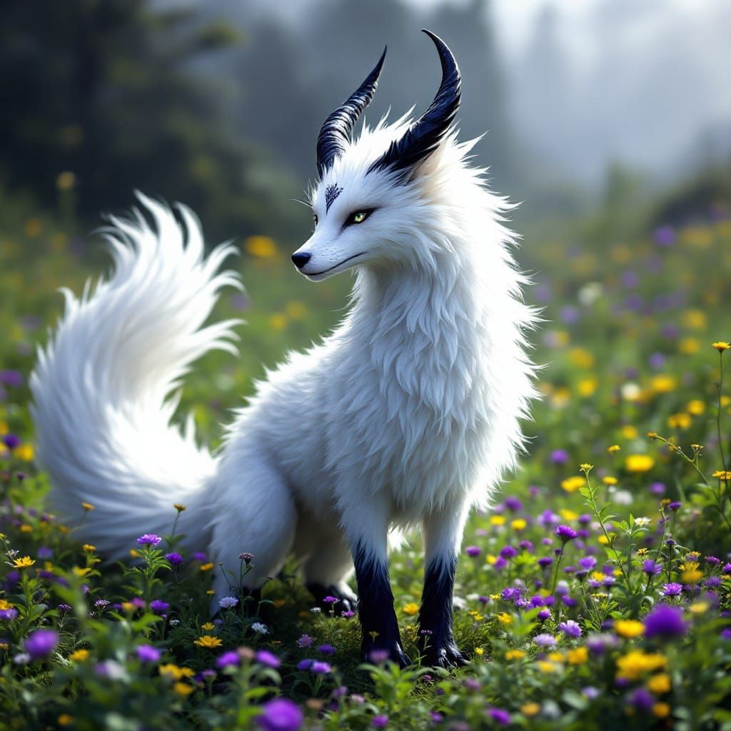 Majestic White Fox Dragon Hybrid in Vibrant Emerald Field