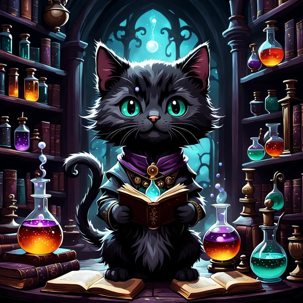 Cartoon Kitten Alchemist in Gothic Laboratory