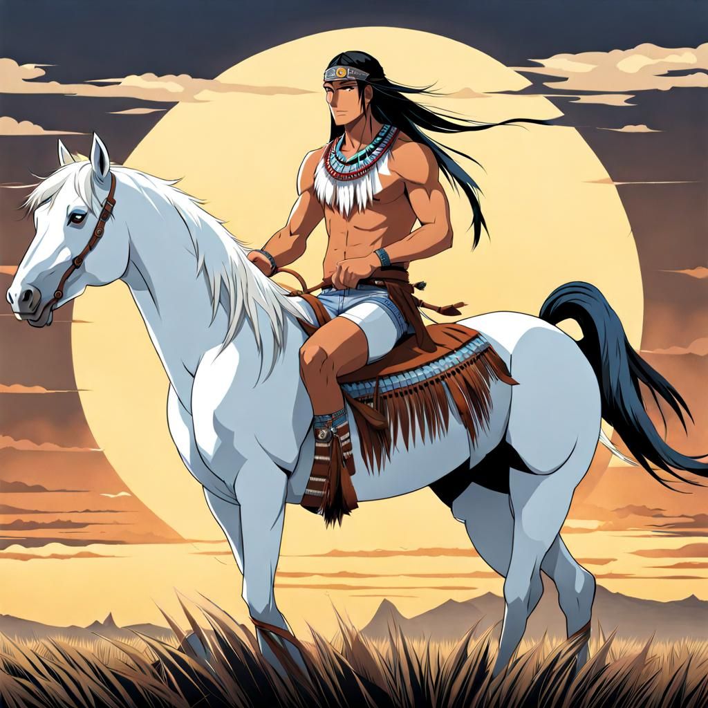 Anime-Style Native American Man on White Horse