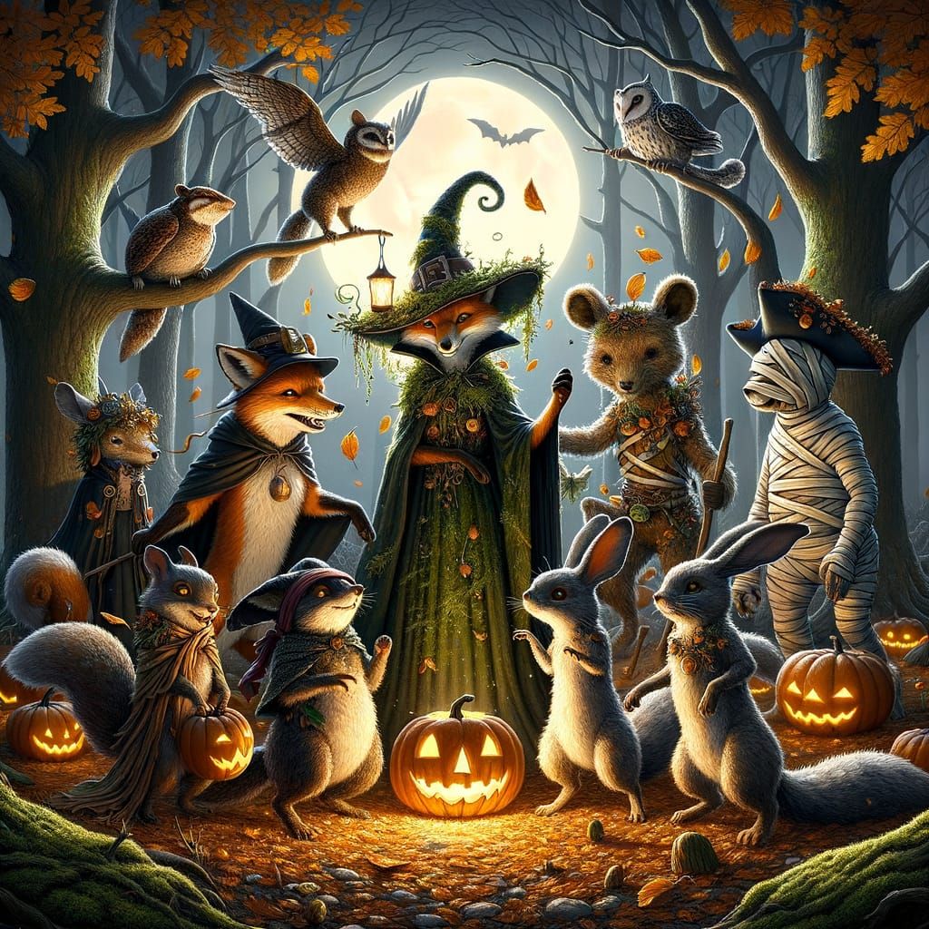 Woodland Animals Celebrate Halloween in Moonlit Forest