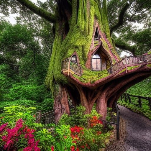 Fantasy Treehouse Architecture with Waterfalls