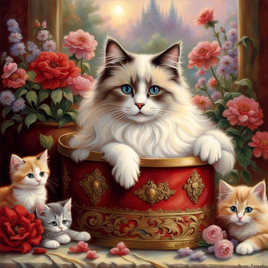 Calico Ragdoll Cat and Kittens in Ethereal Setting
