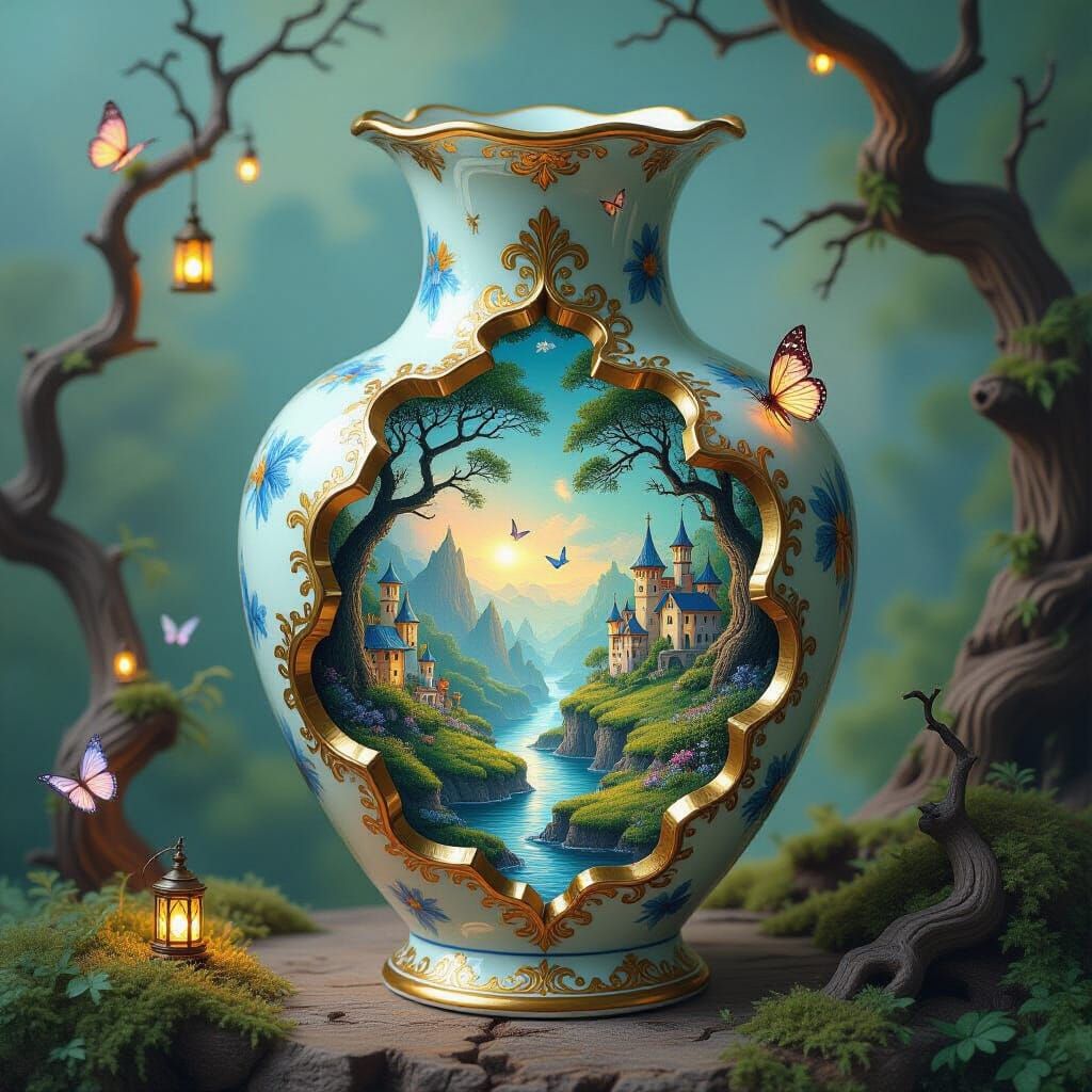Fantasy Landscape Inside Antique Porcelain Vase