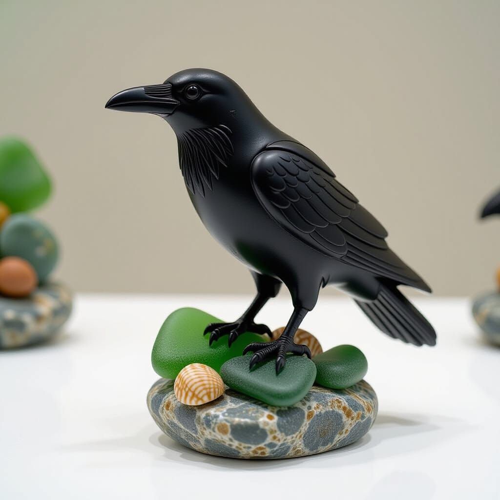 Sea Glass Raven Sculpture Displayed Artfully