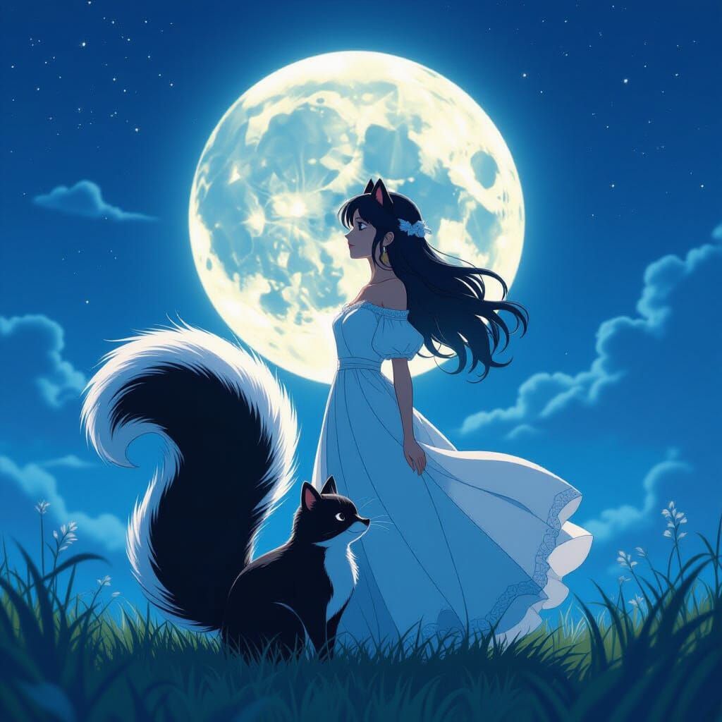 Woman Transforms Into Skunk Under Moonlit Sky