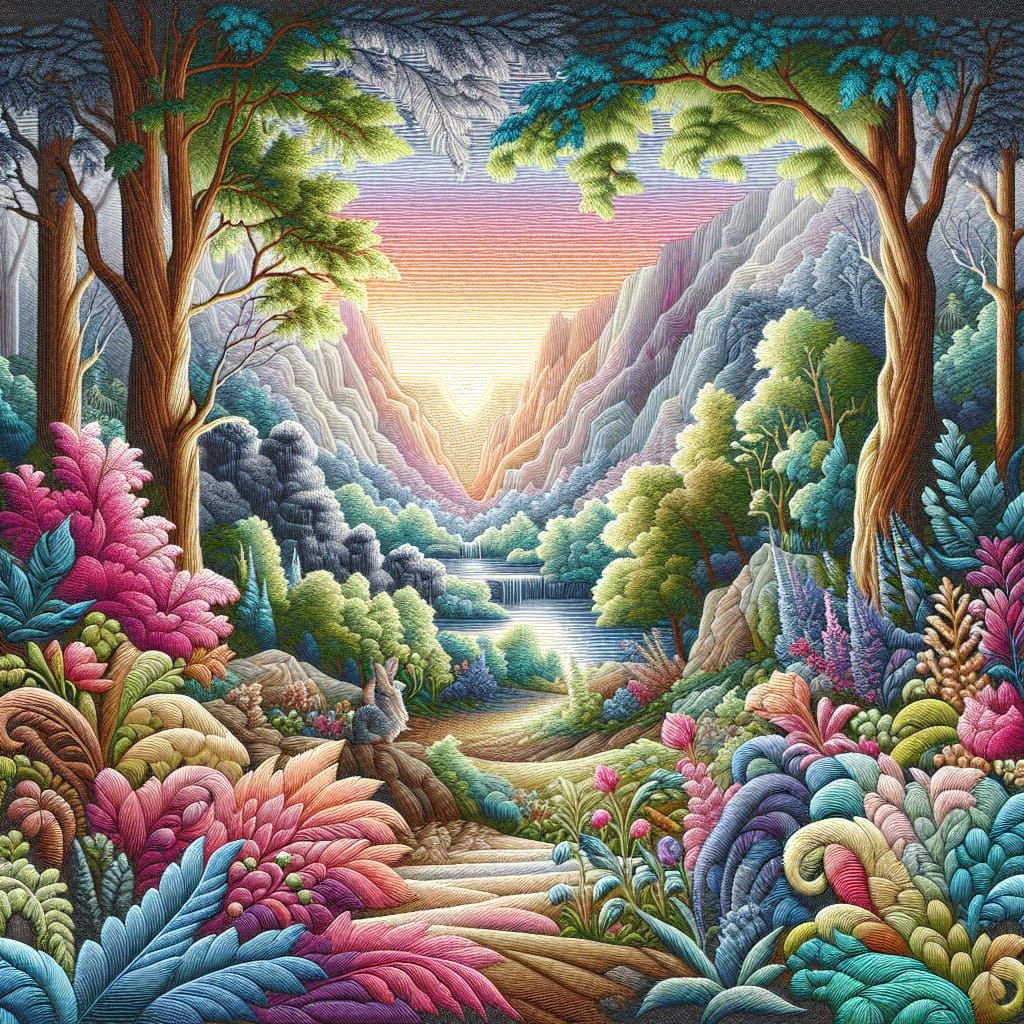 Vibrant Embroidered Hidden Valley Garden at Dawn