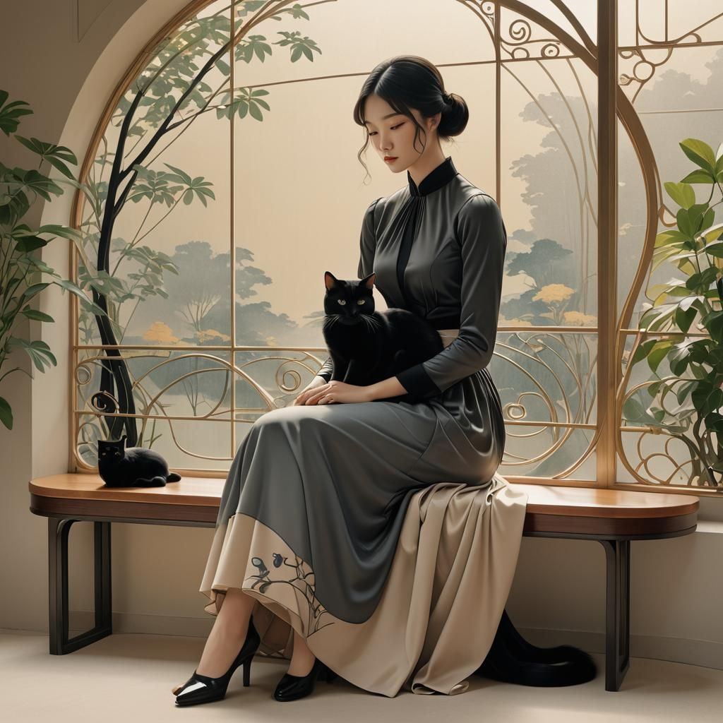 Elegant Girl and Black Cat in Art Nouveau Style