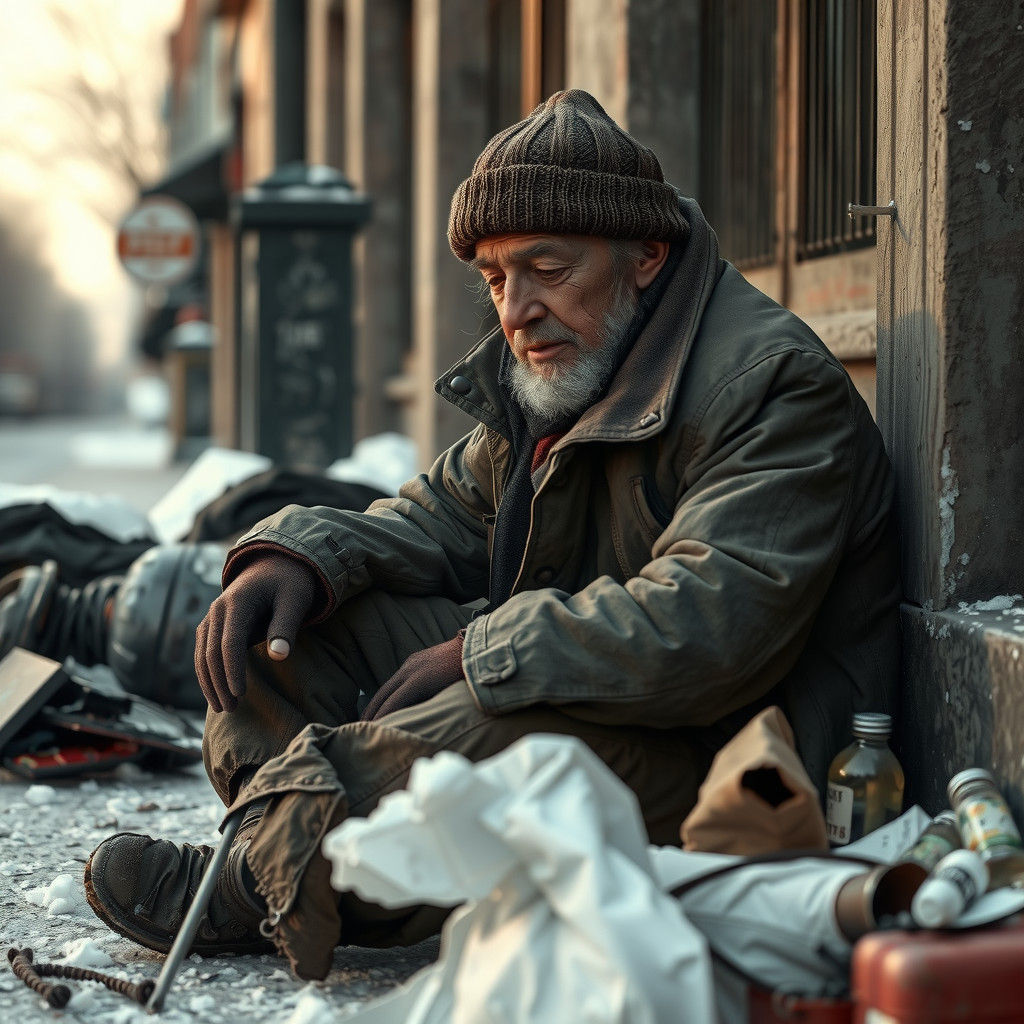 Homeless Man Contemplates Winter in Detailed 3D Render