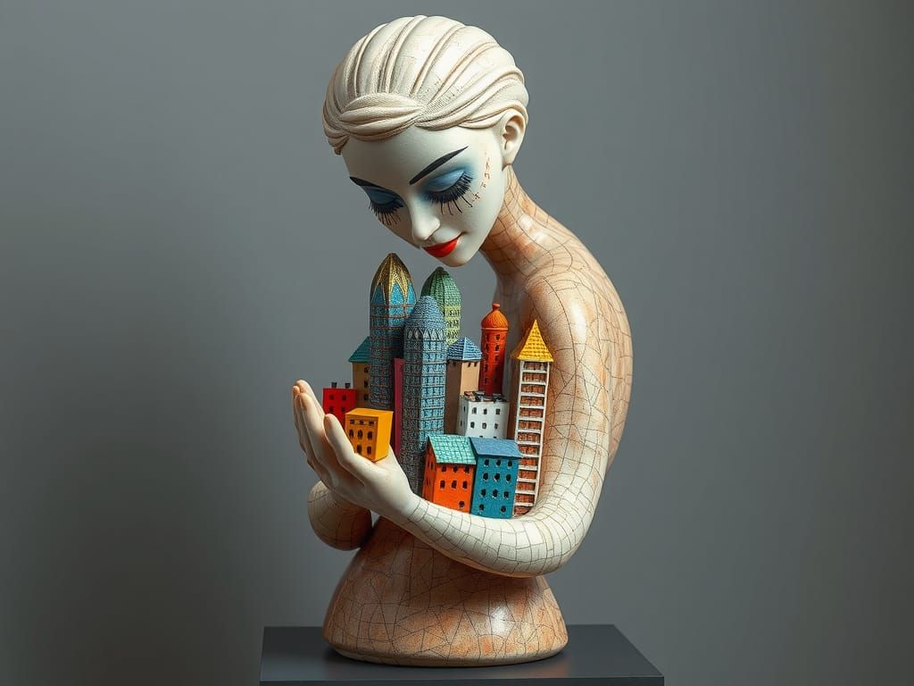 Ceramic Sculpture of Woman Holding City, Cubist Style