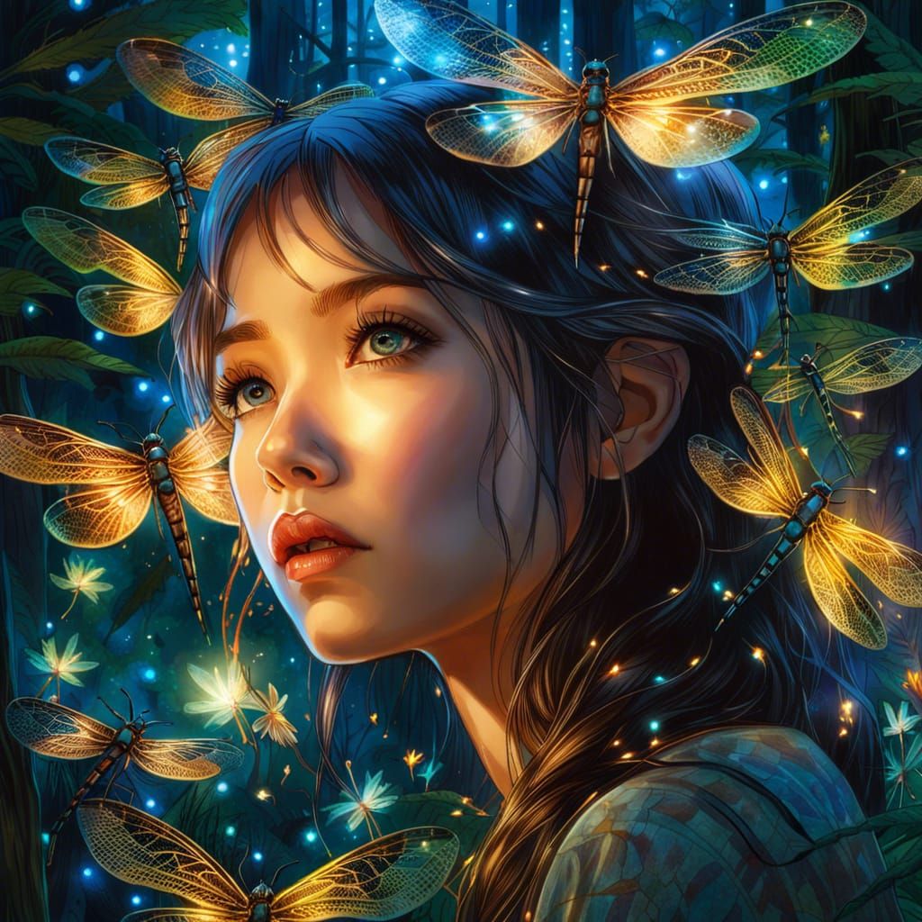 Enchanted Girl with Luminous Dragonflies in Magical Forest