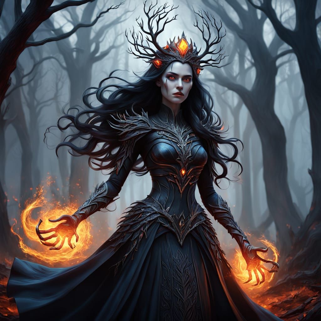 Dark Sorceress Engulfed in Flames in Fantasy Art Style