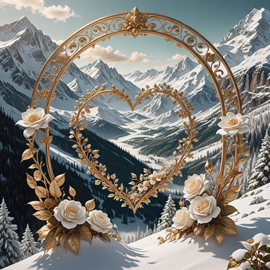 Heart Archway with Snow Mountains and Gold Accents