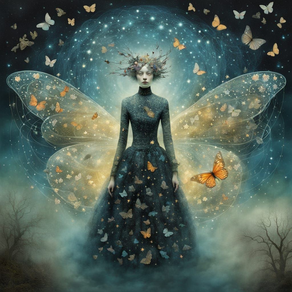 Ethereal Butterfly Figure Emerging from Starlight