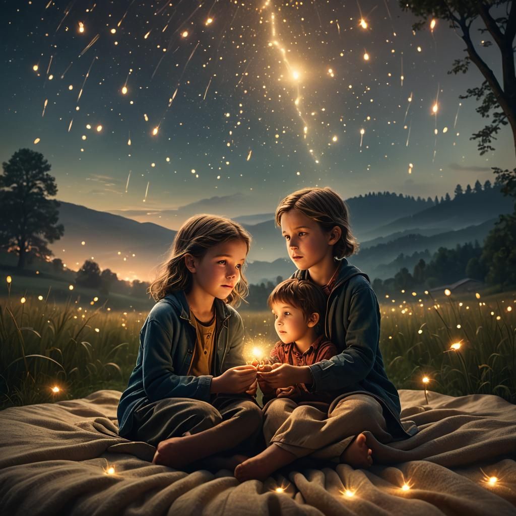 Children Watching Fireflies in Dreamy Magical Realism