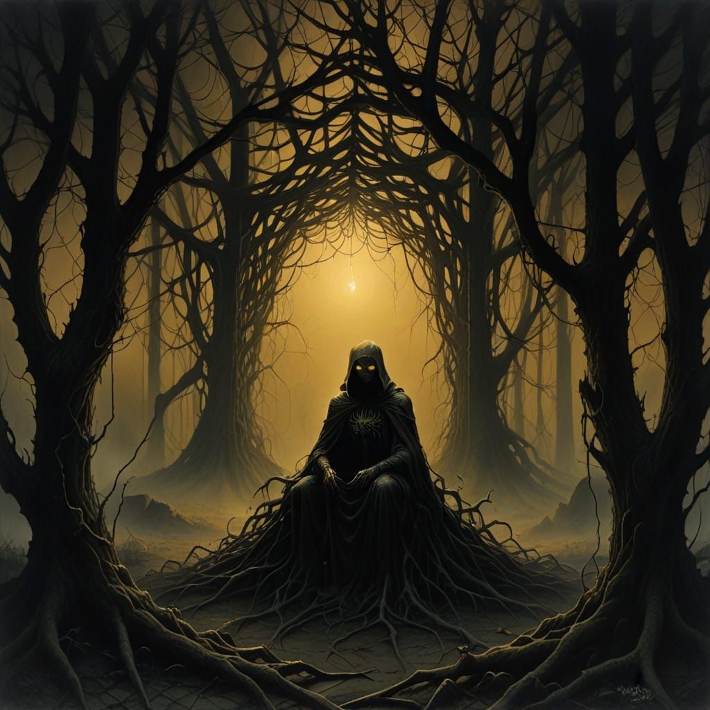 Dark Spider Queen Amidst Glowing Web in Hollowed Tree