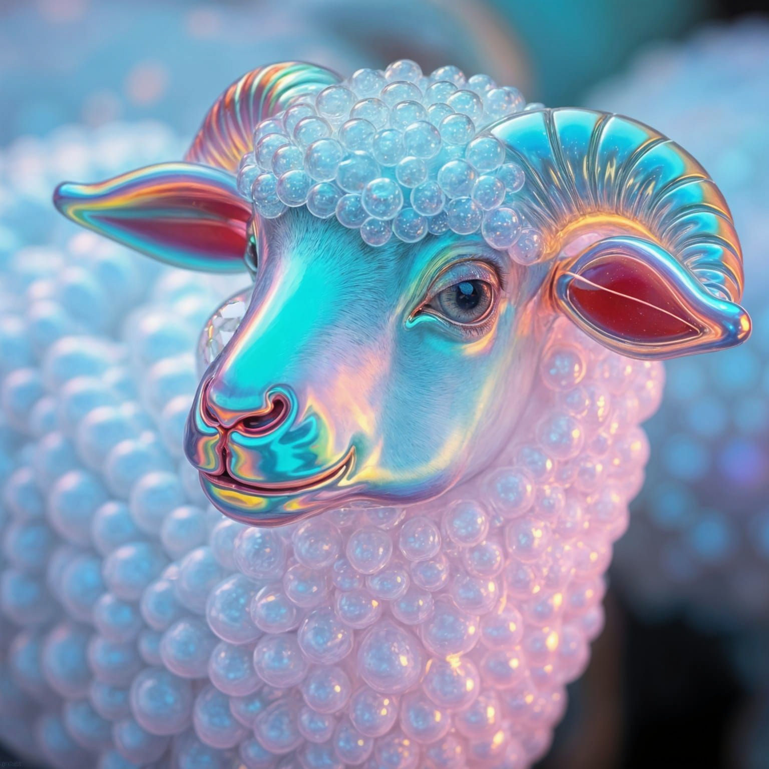 Iridescent Bubble Sheep: Surreal Rainbow Reflection