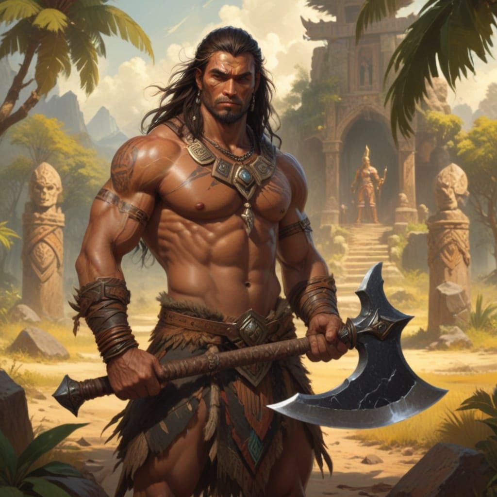 Tribal Warrior with Obsidian Axe in Tropical Ritual Site