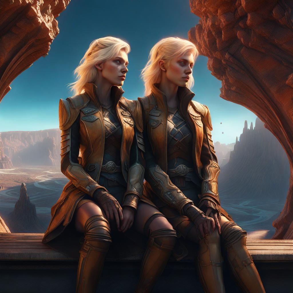 Fantasy Twins Overlooking Fire and Ice City