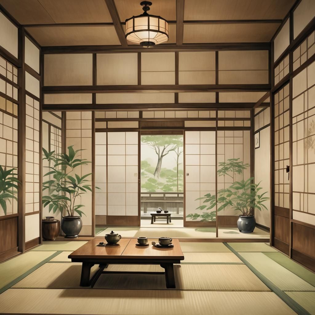 Serene Japanese Tea Room in Watercolor Style